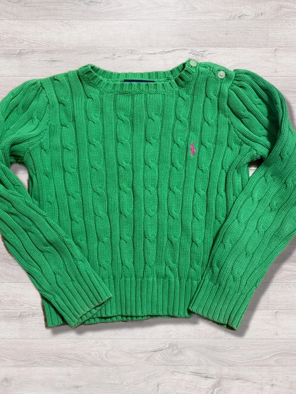 Ralph Lauren Green Pink Horse Logo Cable Knit Toddler Sweater 4T Classic